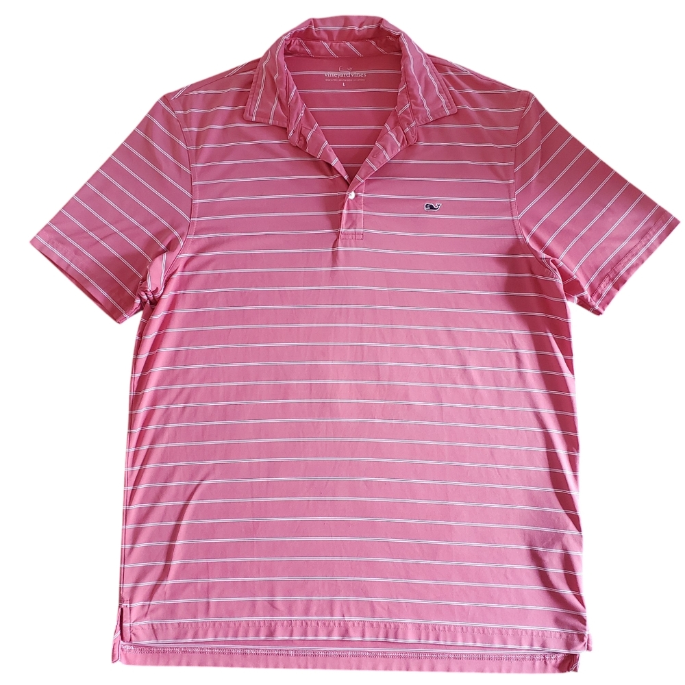 VINEYARD VINES Men's Salmon/White Double Stripe Strecth Short Sleeve Polo Size L